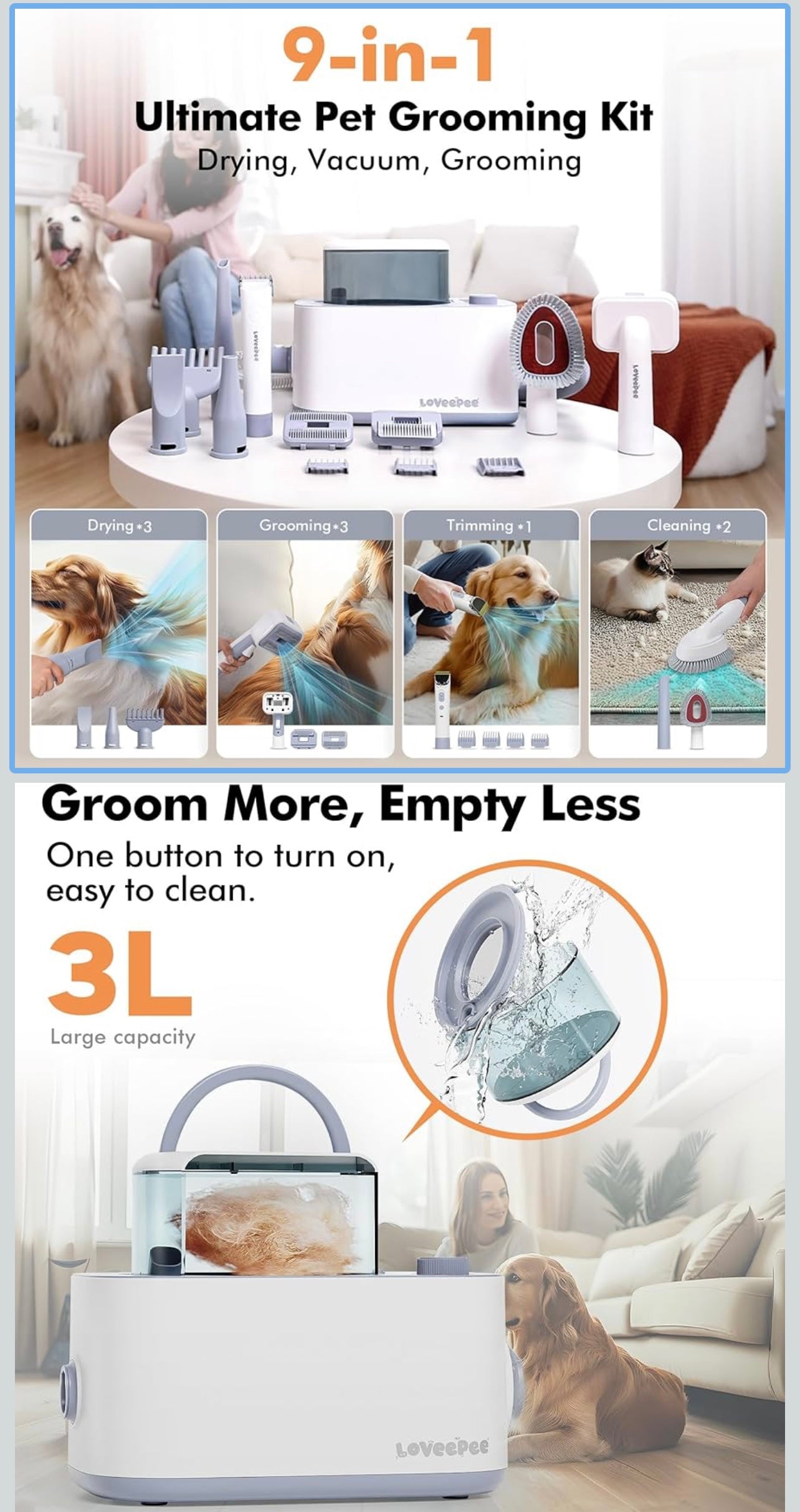 LOVEEPEE Dog Grooming Vacuum Kit Dog Vacuum for Shedding Grooming Hair Dryer Kit 9-in-1 Dog Brush Vacuum with Electric Pet Clippers 21KPa Adjustable Speed & Temperature - 3L Dust Box