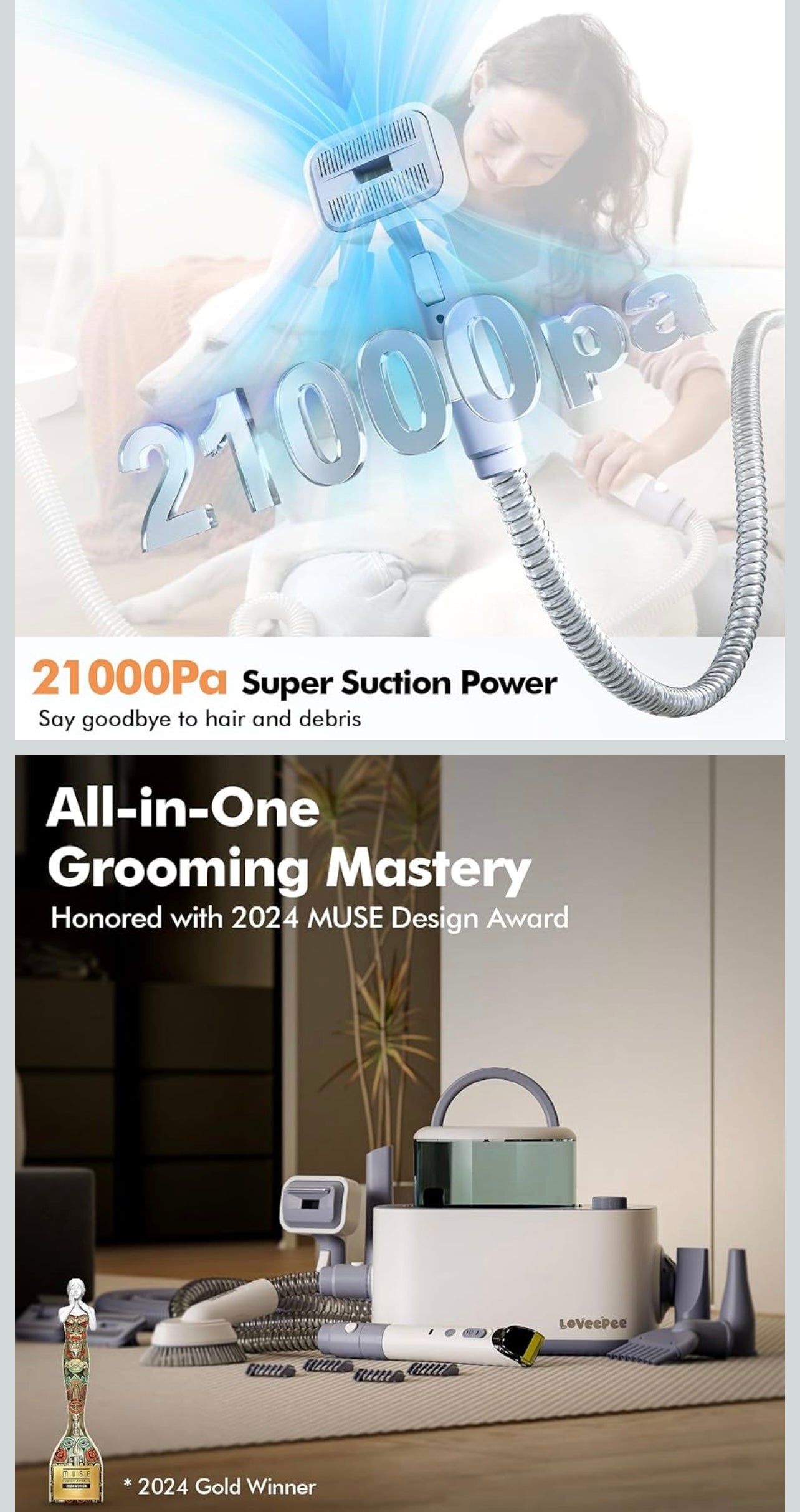 LOVEEPEE Dog Grooming Vacuum Kit Dog Vacuum for Shedding Grooming Hair Dryer Kit 9-in-1 Dog Brush Vacuum with Electric Pet Clippers 21KPa Adjustable Speed & Temperature - 3L Dust Box