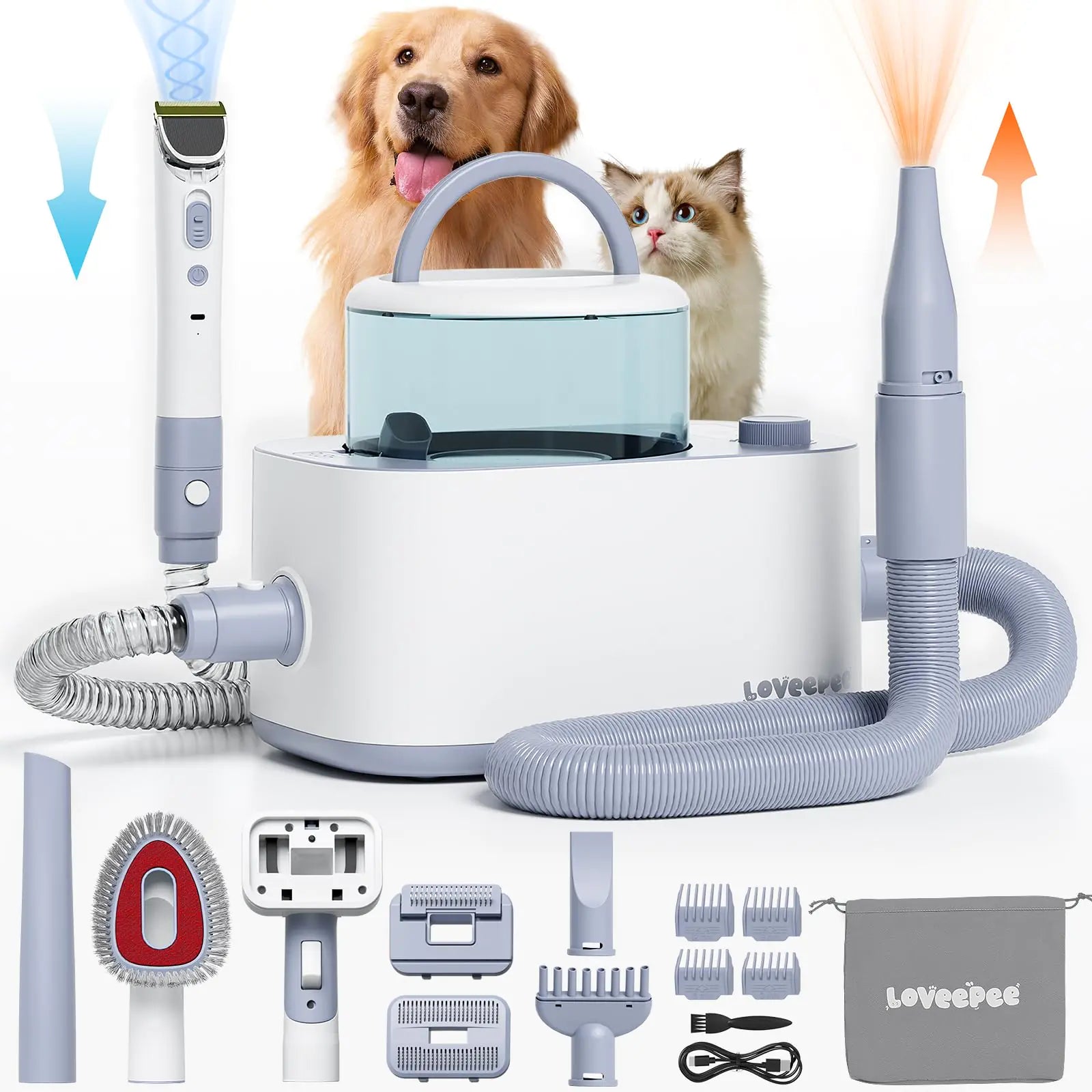 LOVEEPEE Dog Grooming Vacuum Kit Dog Vacuum for Shedding Grooming Hair Dryer Kit 9-in-1 Dog Brush Vacuum with Electric Pet Clippers 21KPa Adjustable Speed & Temperature - 3L Dust Box